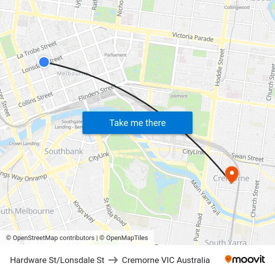 Hardware St/Lonsdale St to Cremorne VIC Australia map