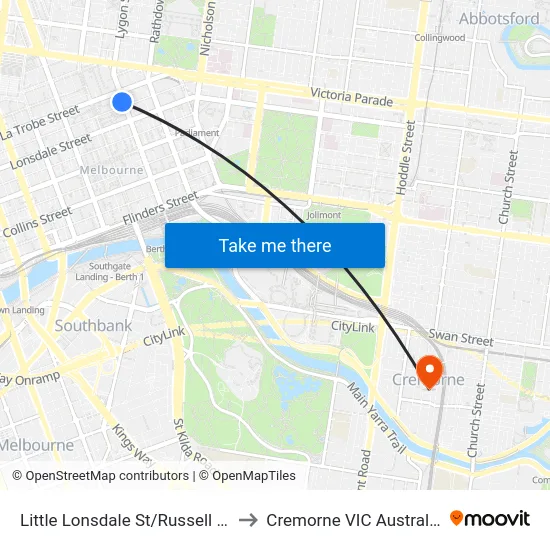 Little Lonsdale St/Russell St to Cremorne VIC Australia map