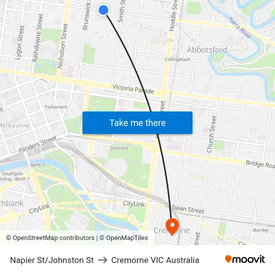 Napier St/Johnston St to Cremorne VIC Australia map