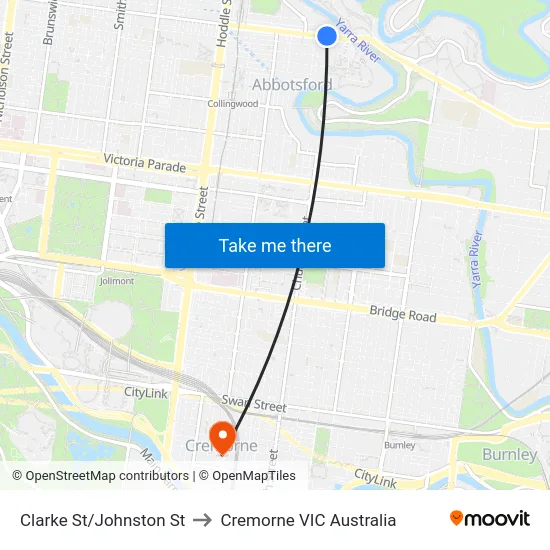 Clarke St/Johnston St to Cremorne VIC Australia map