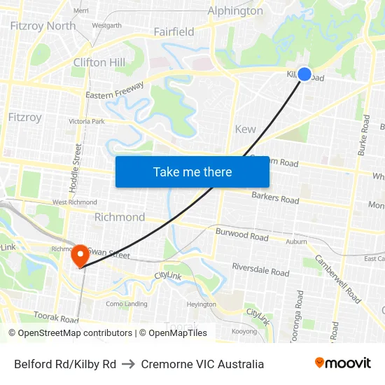Belford Rd/Kilby Rd to Cremorne VIC Australia map
