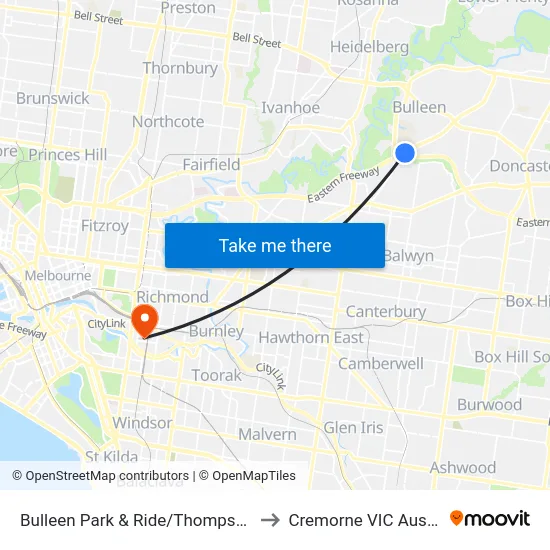 Bulleen Park & Ride/Thompsons Rd to Cremorne VIC Australia map