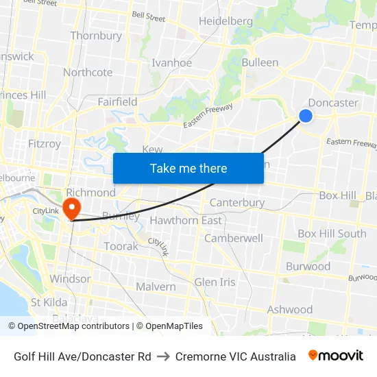 Golf Hill Ave/Doncaster Rd to Cremorne VIC Australia map