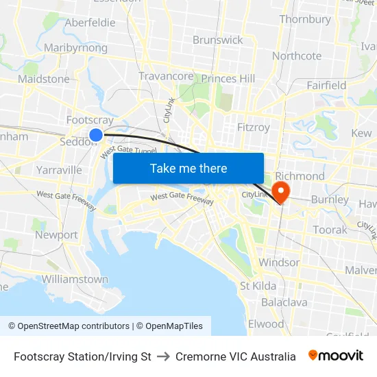 Footscray Station/Irving St to Cremorne VIC Australia map