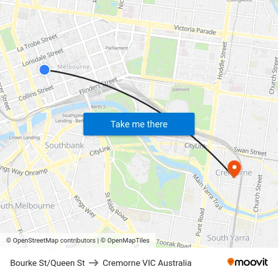 Bourke St/Queen St to Cremorne VIC Australia map