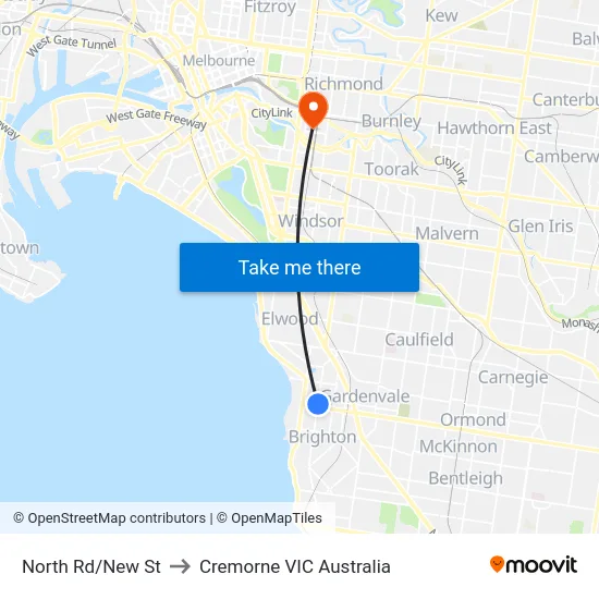North Rd/New St to Cremorne VIC Australia map