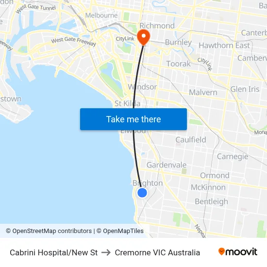 Cabrini Hospital/New St to Cremorne VIC Australia map