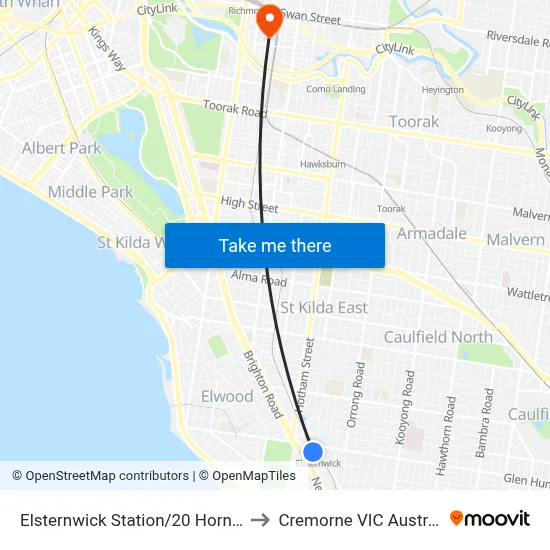 Elsternwick Station/20 Horne St to Cremorne VIC Australia map