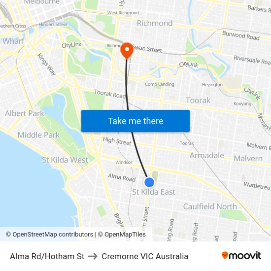 Alma Rd/Hotham St to Cremorne VIC Australia map