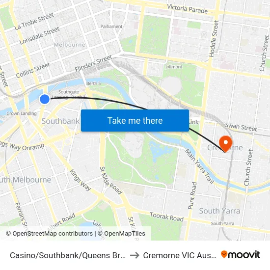 Casino/Southbank/Queens Bridge St to Cremorne VIC Australia map