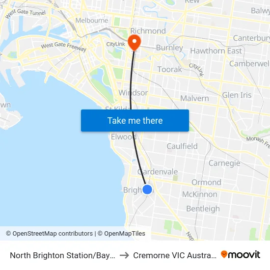 North Brighton Station/Bay St to Cremorne VIC Australia map