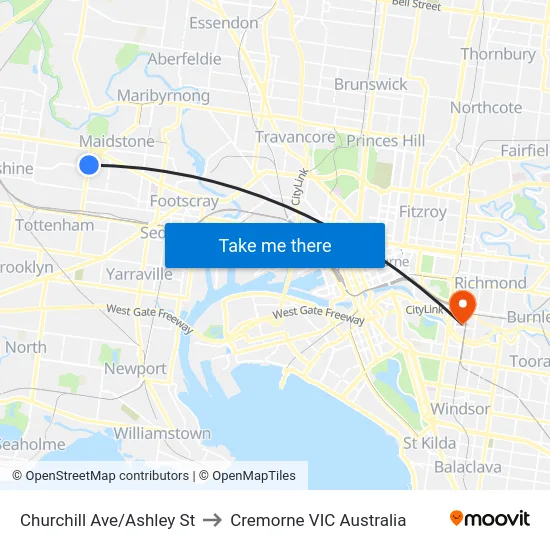 Churchill Ave/Ashley St to Cremorne VIC Australia map