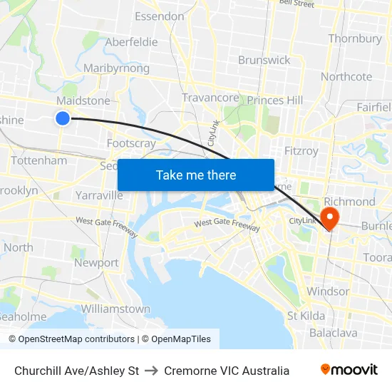 Churchill Ave/Ashley St to Cremorne VIC Australia map