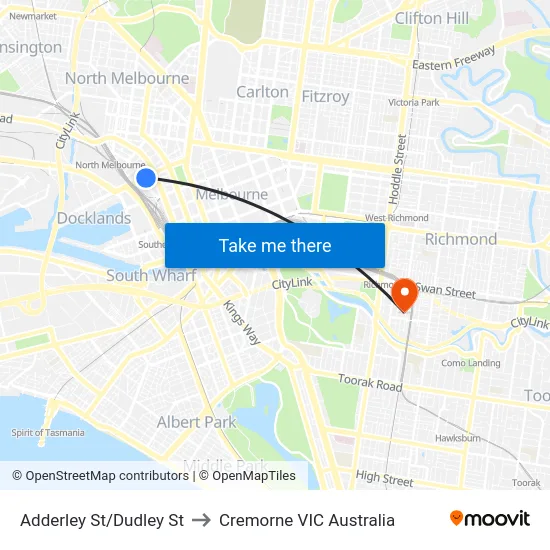 Adderley St/Dudley St to Cremorne VIC Australia map