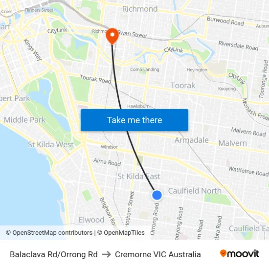 Balaclava Rd/Orrong Rd to Cremorne VIC Australia map