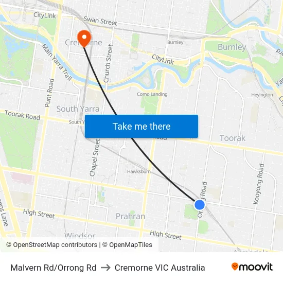 Malvern Rd/Orrong Rd to Cremorne VIC Australia map