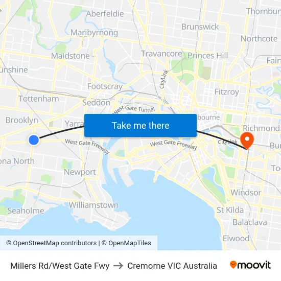 Millers Rd/West Gate Fwy to Cremorne VIC Australia map