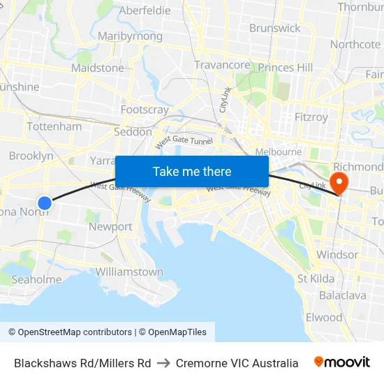 Blackshaws Rd/Millers Rd to Cremorne VIC Australia map
