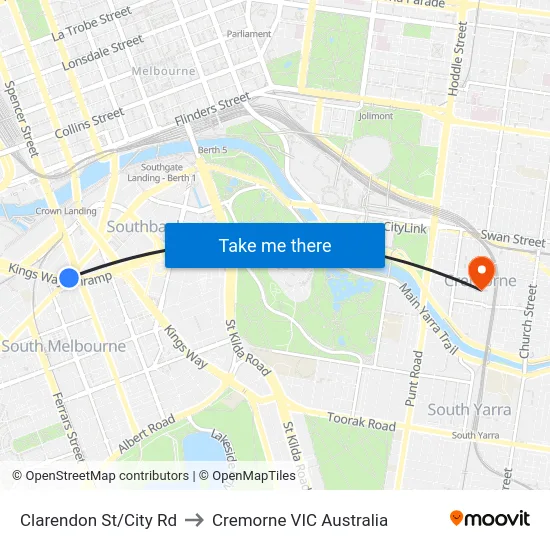 Clarendon St/City Rd to Cremorne VIC Australia map