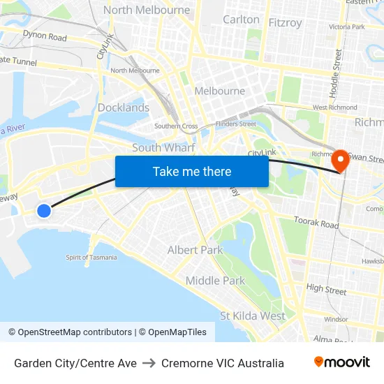 Garden City/Centre Ave to Cremorne VIC Australia map