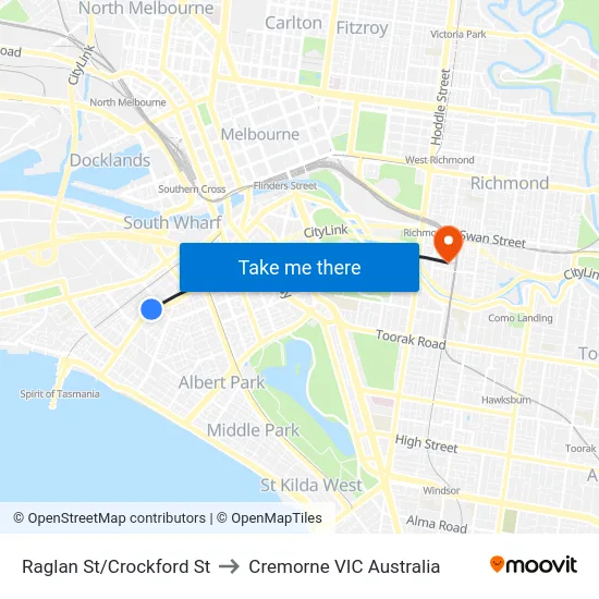 Raglan St/Crockford St to Cremorne VIC Australia map