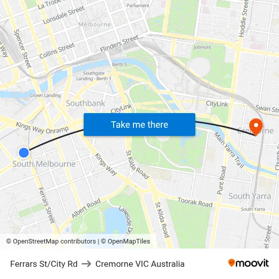 Ferrars St/City Rd to Cremorne VIC Australia map