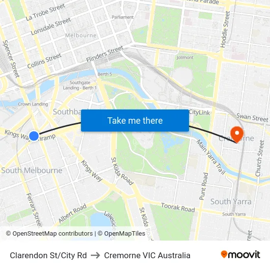 Clarendon St/City Rd to Cremorne VIC Australia map