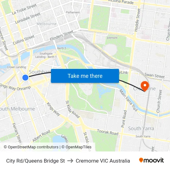 City Rd/Queens Bridge St to Cremorne VIC Australia map