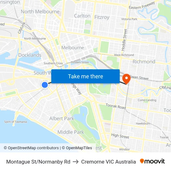 Montague St/Normanby Rd to Cremorne VIC Australia map