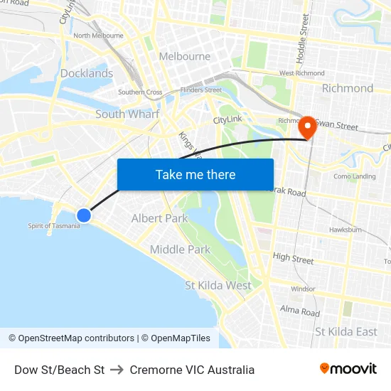 Dow St/Beach St to Cremorne VIC Australia map