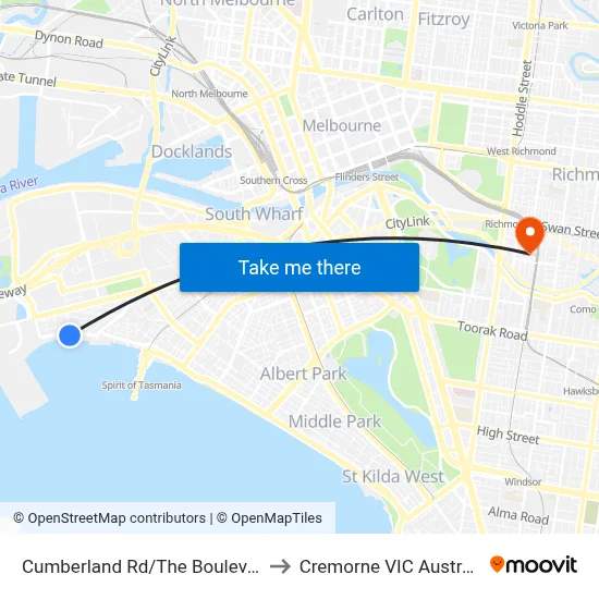 Cumberland Rd/The Boulevard to Cremorne VIC Australia map