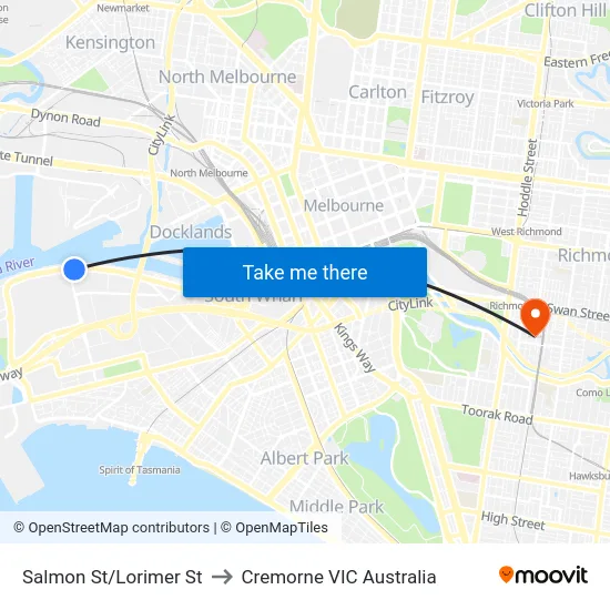Salmon St/Lorimer St to Cremorne VIC Australia map