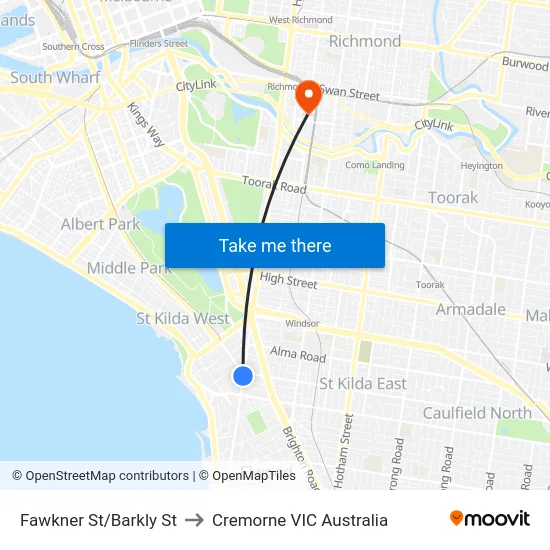 Fawkner St/Barkly St to Cremorne VIC Australia map