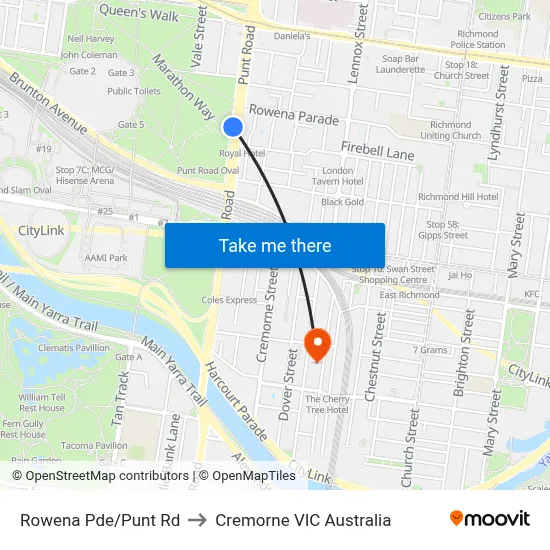 Rowena Pde/Punt Rd to Cremorne VIC Australia map