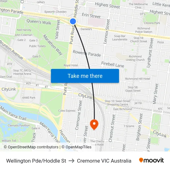 Wellington Pde/Hoddle St to Cremorne VIC Australia map
