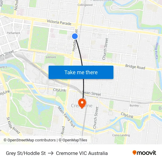 Grey St/Hoddle St to Cremorne VIC Australia map
