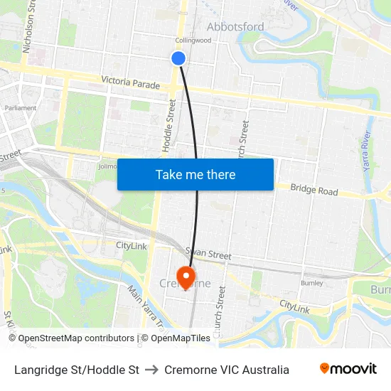 Langridge St/Hoddle St to Cremorne VIC Australia map