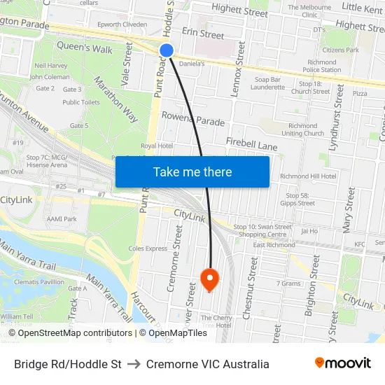 Bridge Rd/Hoddle St to Cremorne VIC Australia map