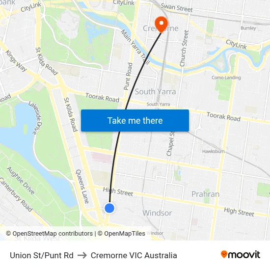 Union St/Punt Rd to Cremorne VIC Australia map