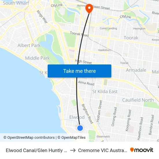 Elwood Canal/Glen Huntly Rd to Cremorne VIC Australia map