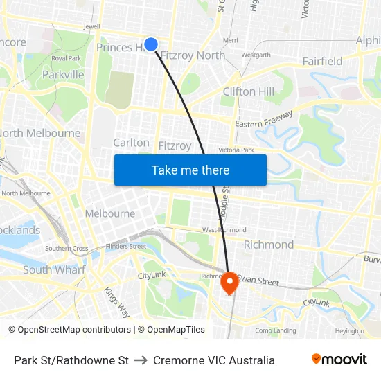 Park St/Rathdowne St to Cremorne VIC Australia map