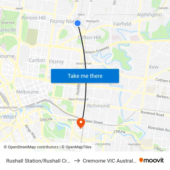 Rushall Station/Rushall Cres to Cremorne VIC Australia map