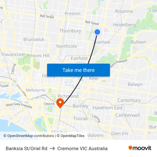 Banksia St/Oriel Rd to Cremorne VIC Australia map