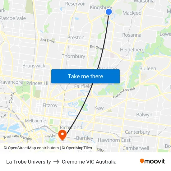 La Trobe University to Cremorne VIC Australia map