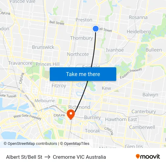 Albert St/Bell St to Cremorne VIC Australia map