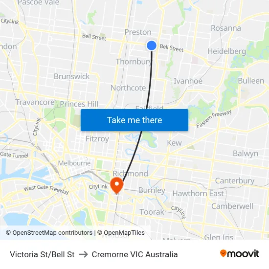 Victoria St/Bell St to Cremorne VIC Australia map