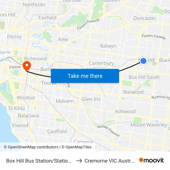 Box Hill Bus Station/Station St to Cremorne VIC Australia map