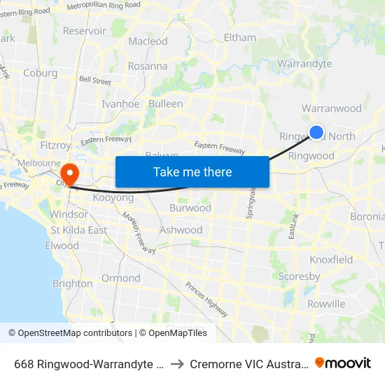 668 Ringwood-Warrandyte Rd to Cremorne VIC Australia map