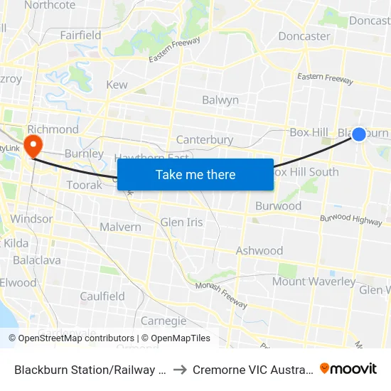 Blackburn Station/Railway Rd to Cremorne VIC Australia map
