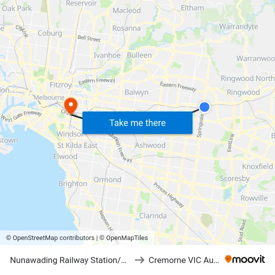 Nunawading Railway Station/Station St to Cremorne VIC Australia map